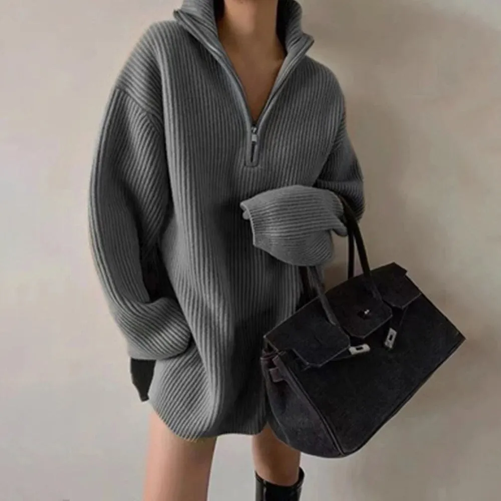 Minimalist Sweater For Women V Neck Long Sleeve Patchwork Zipper Casual Loose Knititng Sweater Female Fashion