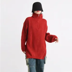 Minimalist Sweater For Women V Neck Long Sleeve Patchwork Zipper Casual Loose Knititng Sweater Female Fashion