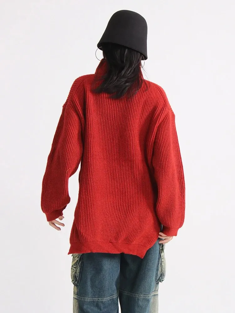 Minimalist Sweater For Women V Neck Long Sleeve Patchwork Zipper Casual Loose Knititng Sweater Female Fashion