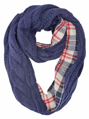 Navy Blue Cable Knit Infinity Scarf With Flannel Lining