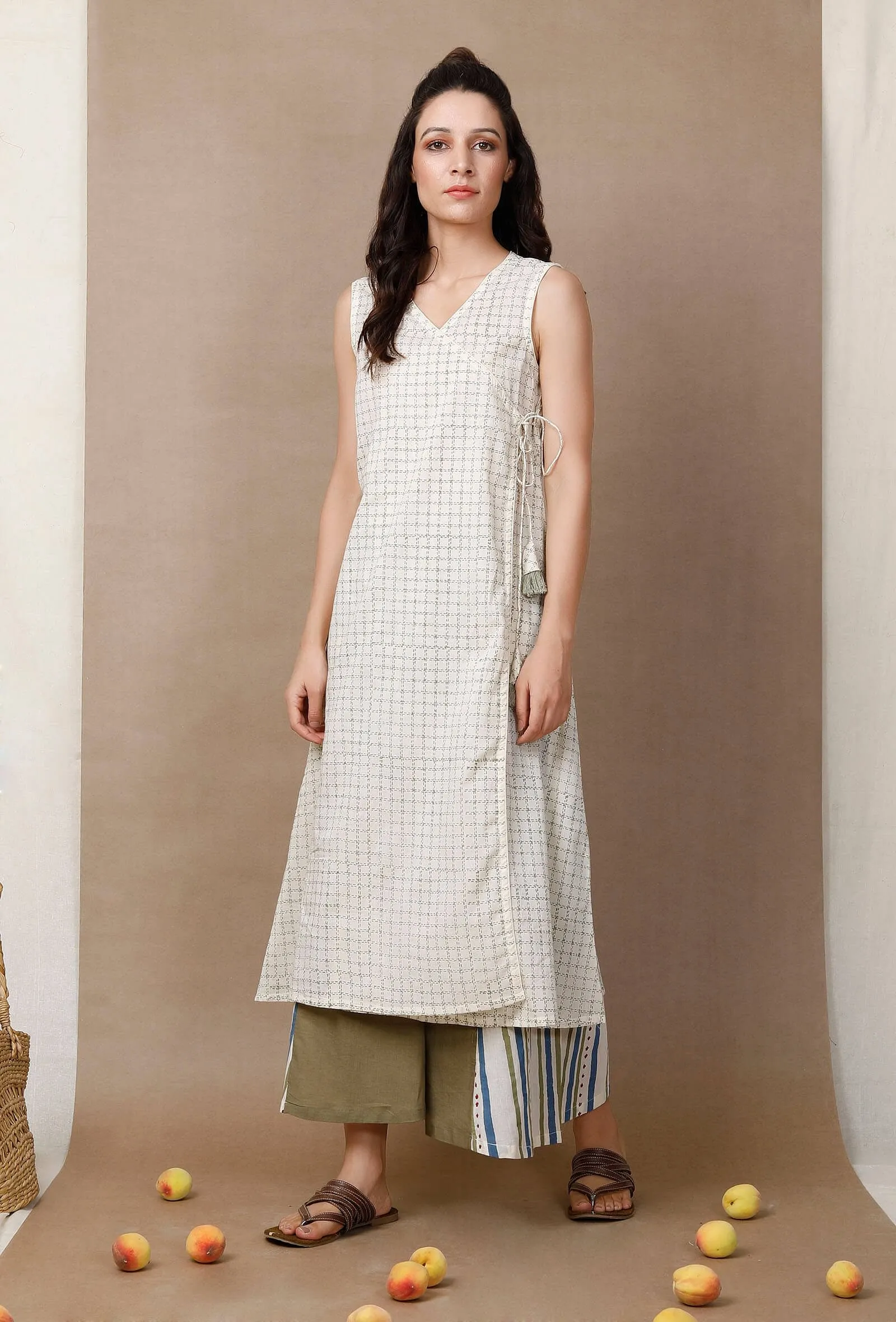 Off White Cotton Angrakha Kurta Dress