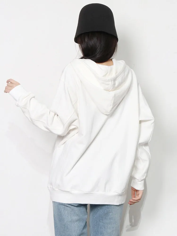 Patchwork Drawstring Sweatshirts For Women Hooded Long Sleeve Casual Loose Autumn Fashion Style Clothing