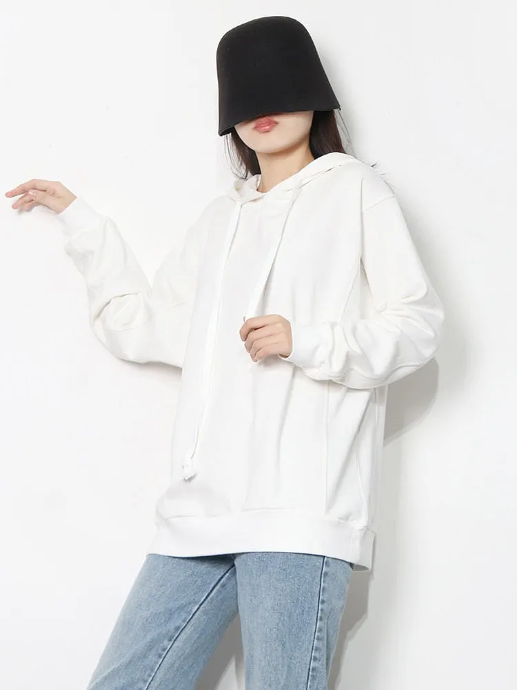 Patchwork Drawstring Sweatshirts For Women Hooded Long Sleeve Casual Loose Autumn Fashion Style Clothing