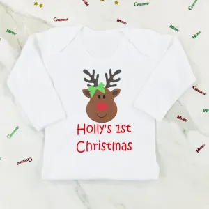 Personalised First Christmas Miss Rudolph Baby Grow or T Shirt for Girls