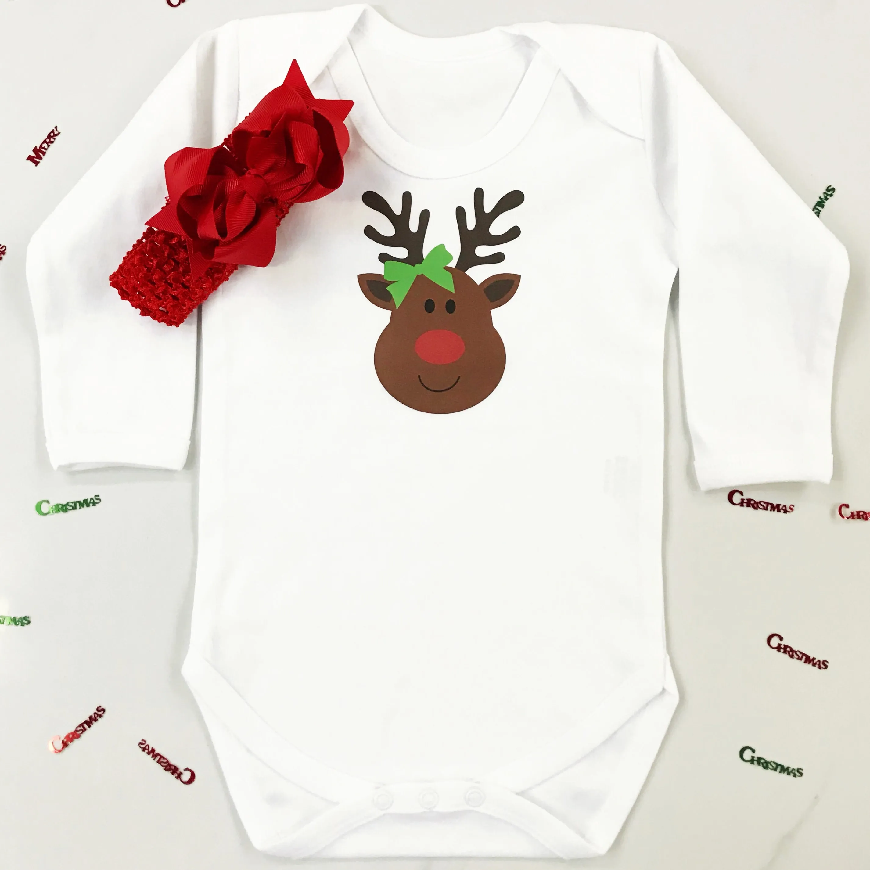 Personalised First Christmas Miss Rudolph Baby Grow or T Shirt for Girls