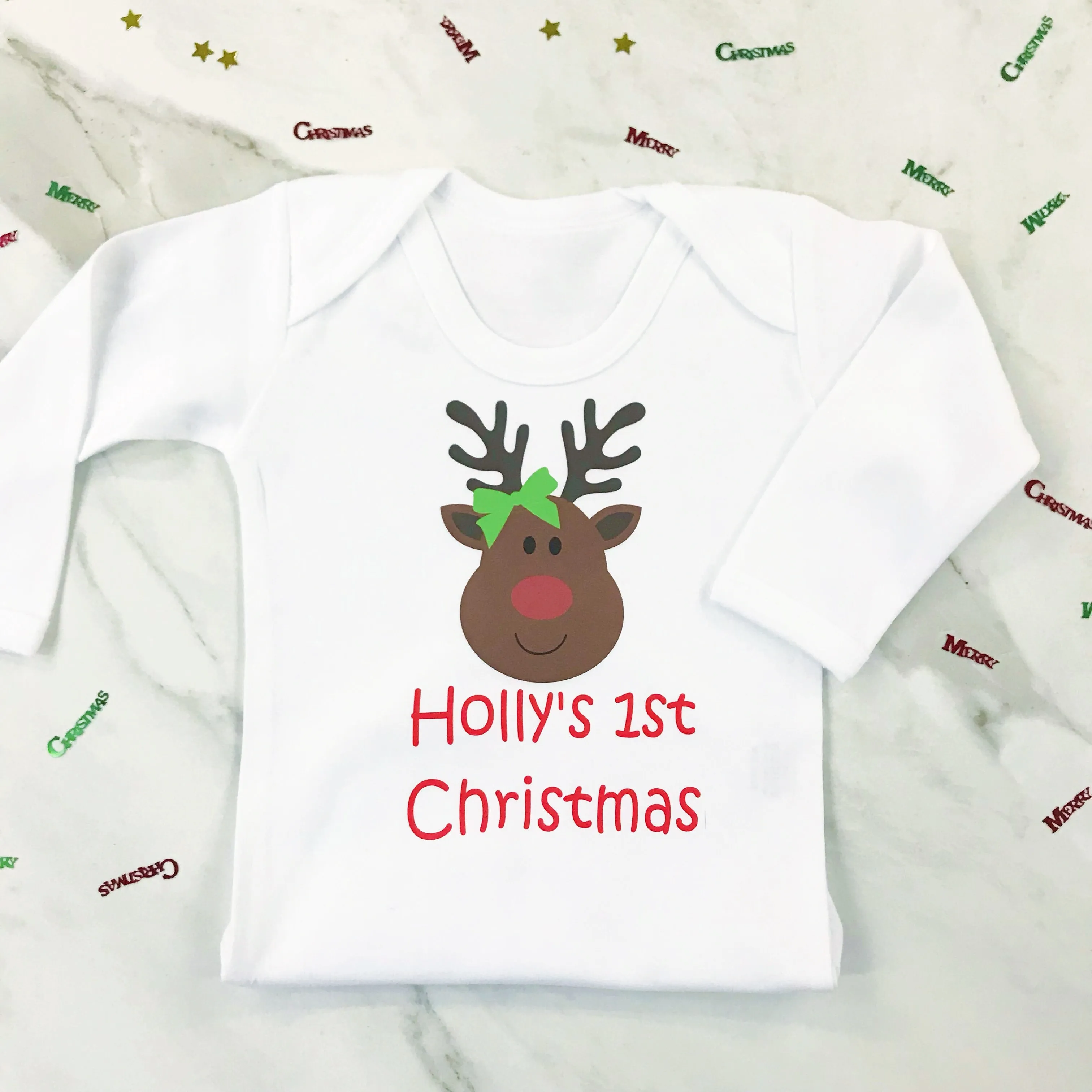 Personalised First Christmas Miss Rudolph Baby Grow or T Shirt for Girls