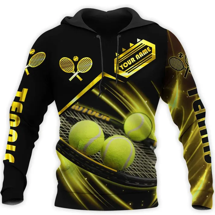 Personalized 3D Tennis Sweatshirt Hoodie Black Gold Pattern Tennis Player Shirt, Gift For Tennis Lover Tennis Player