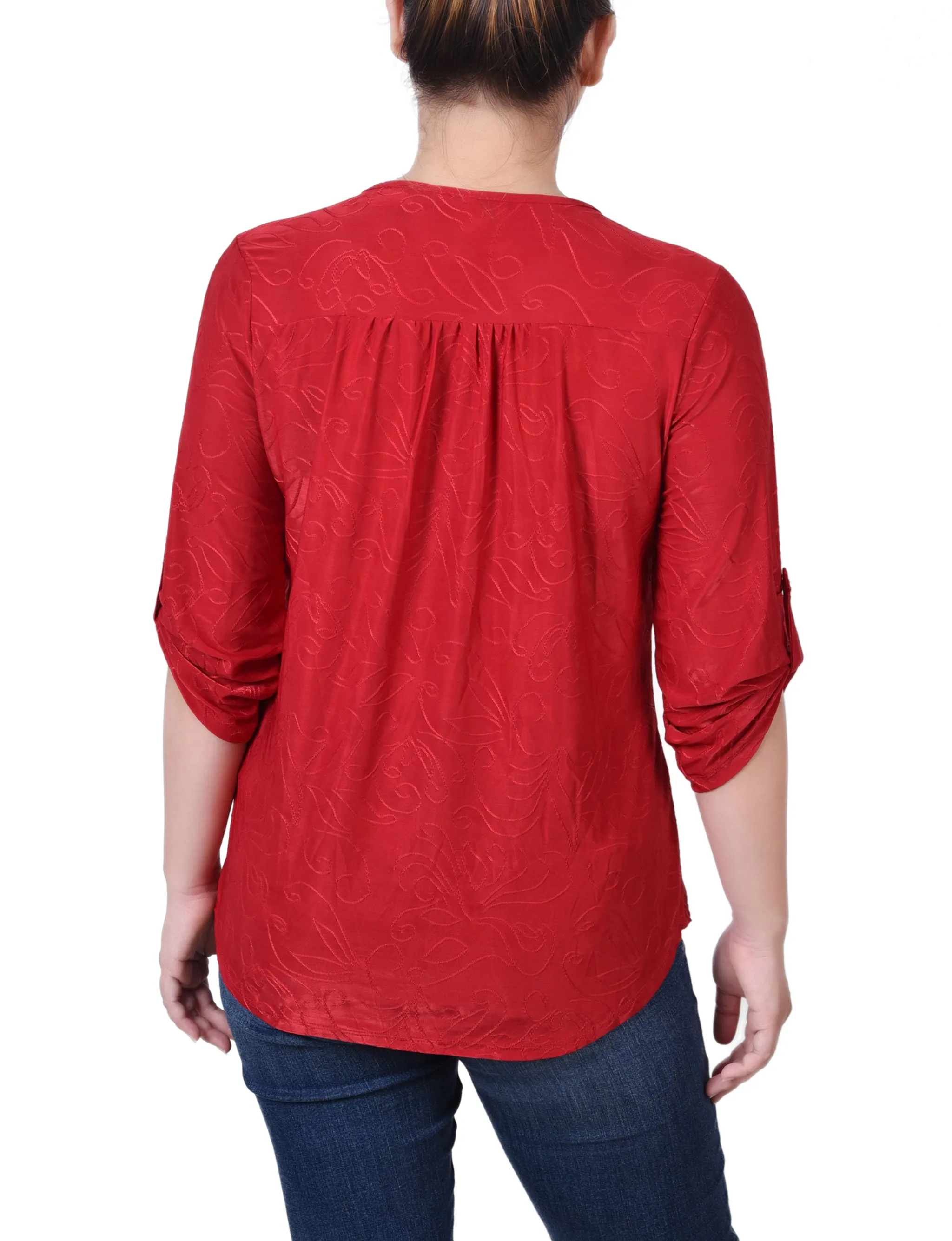 Petite 3/4 Roll Tab Zip Front Jacquard Knit Top