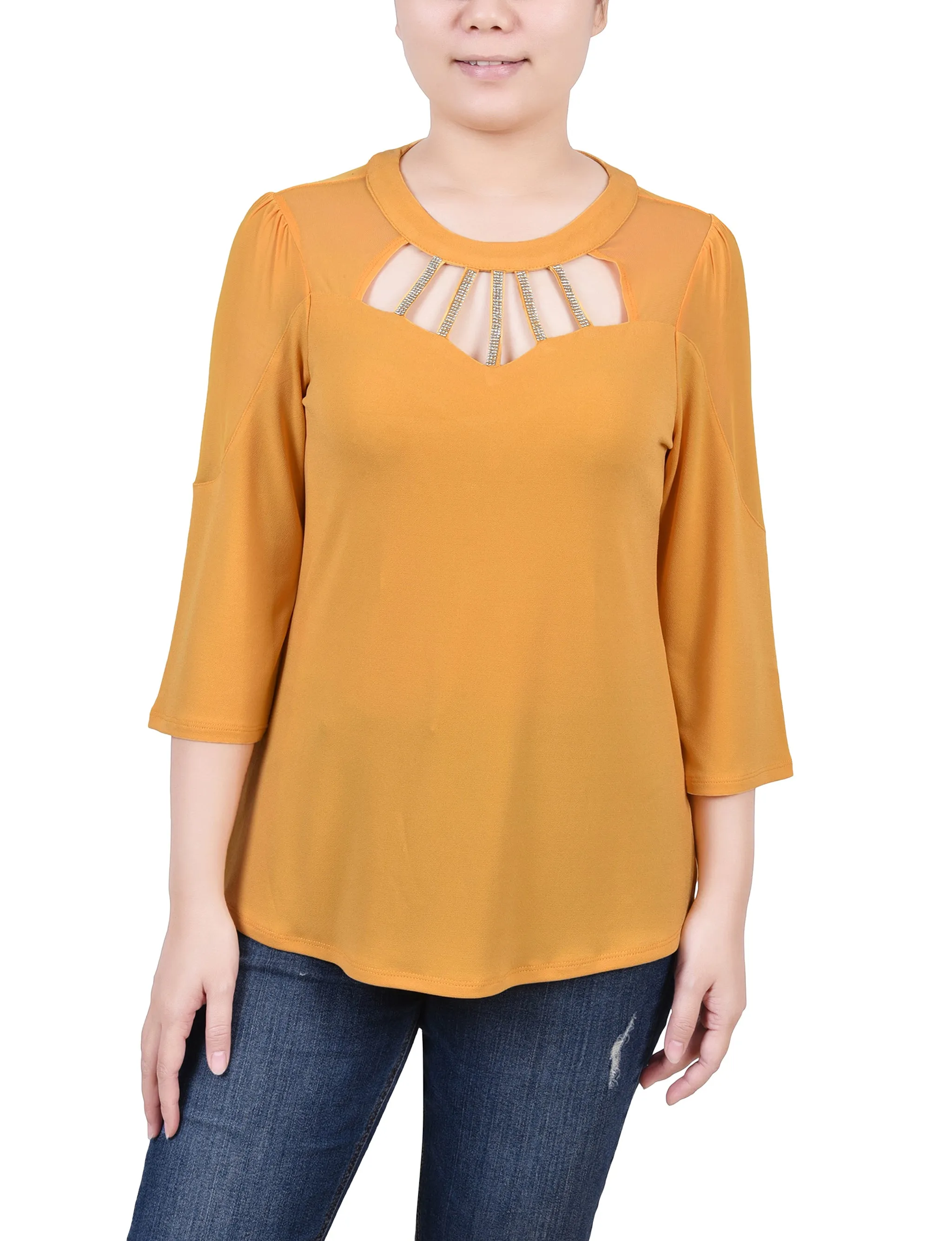 Petite 3/4 Sleeve Top With Neckline Cutouts and Stones