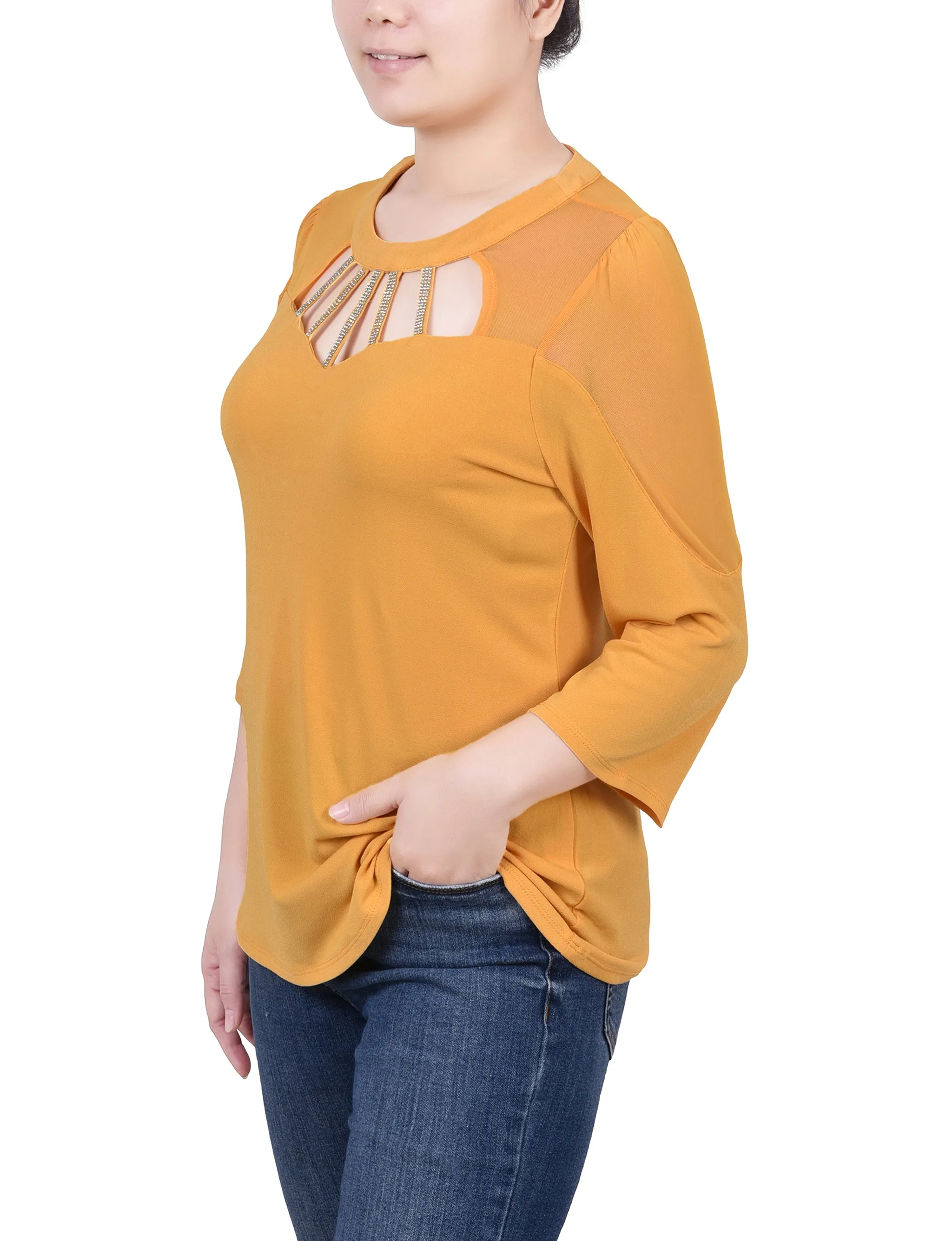 Petite 3/4 Sleeve Top With Neckline Cutouts and Stones