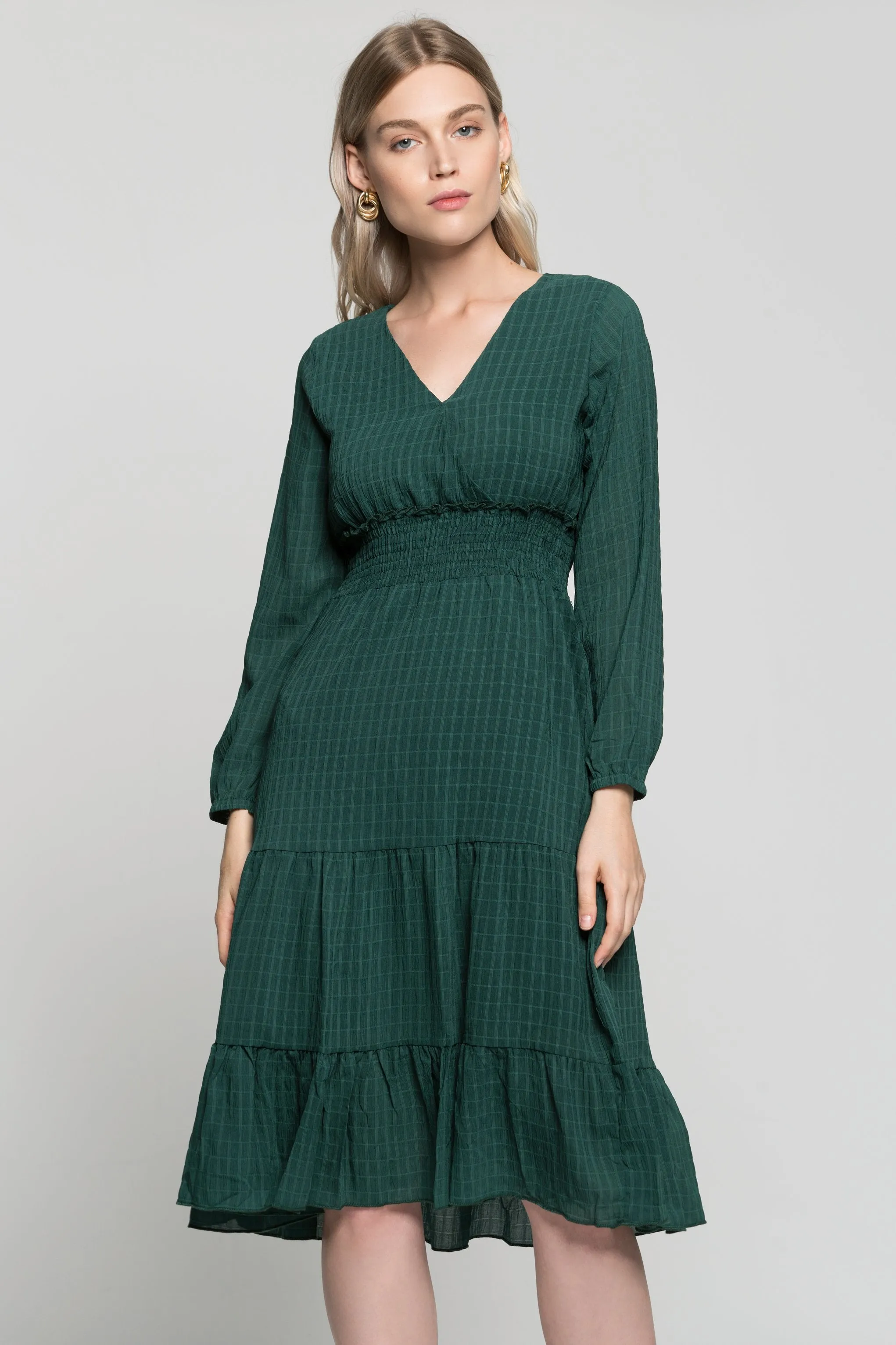 Pine Green Smocked Waist V-Neck Maxi Dress