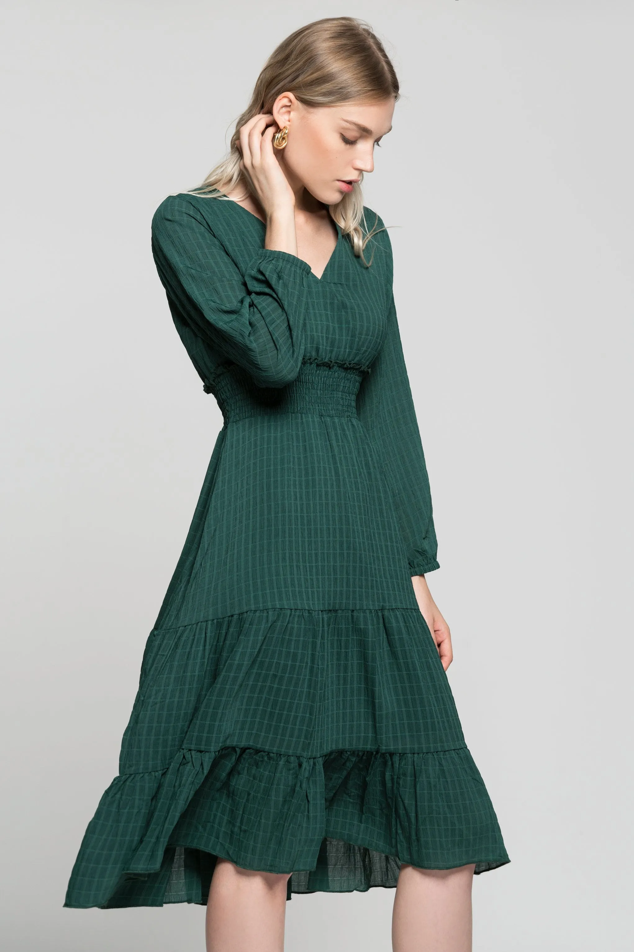 Pine Green Smocked Waist V-Neck Maxi Dress