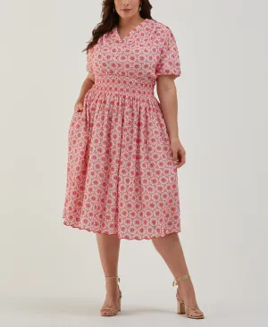 Plus Size Daisy Embroidered Smocked Puff Sleeve Dress