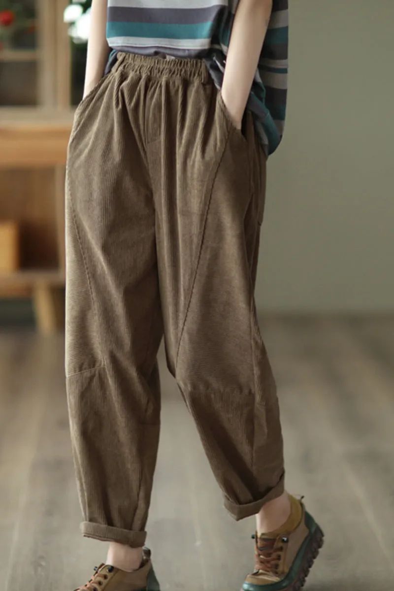 Plus Size Pockets Patchwork Corduroy Pants Fall