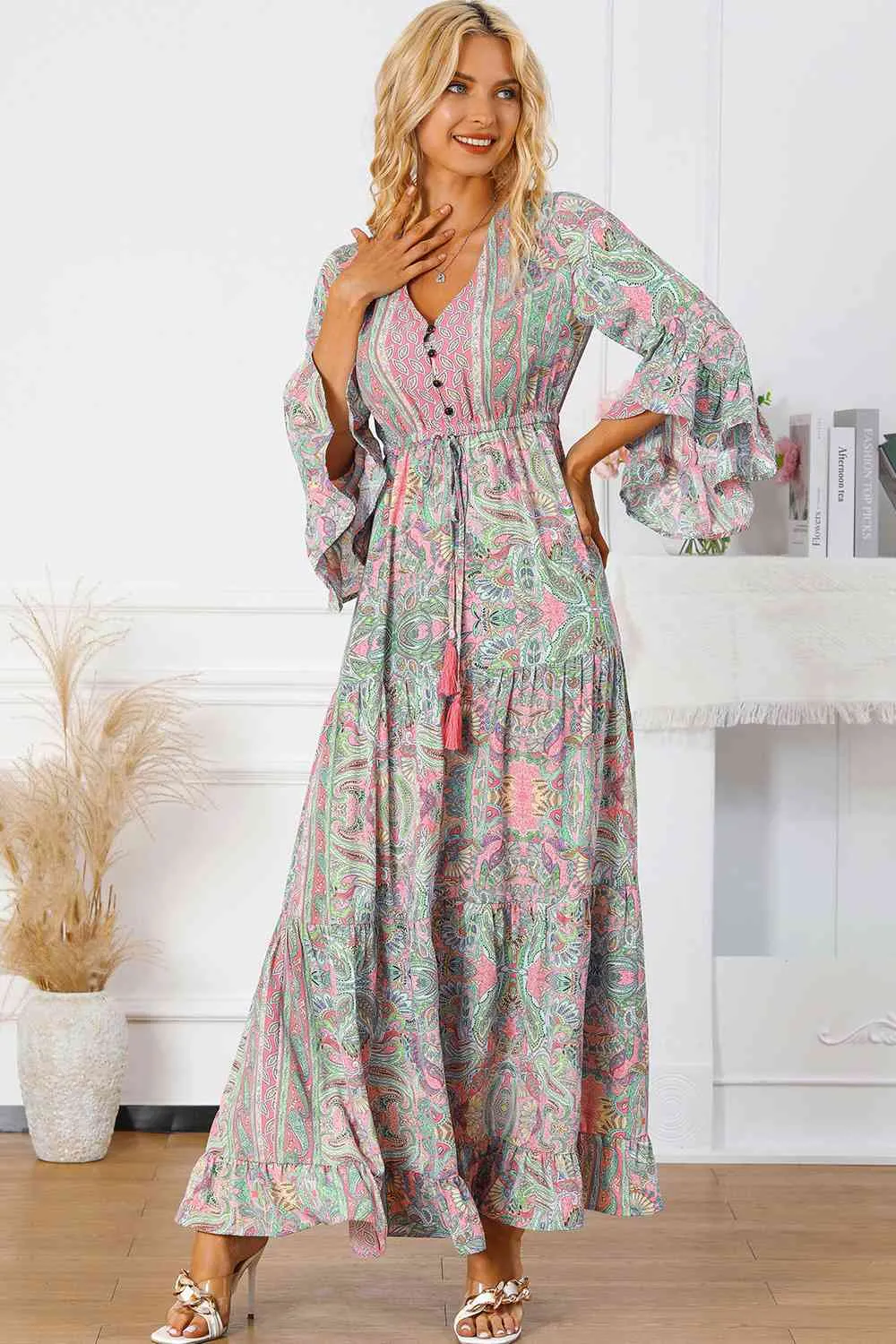 Printed Tassel Tie V-Neck Tiered Dress