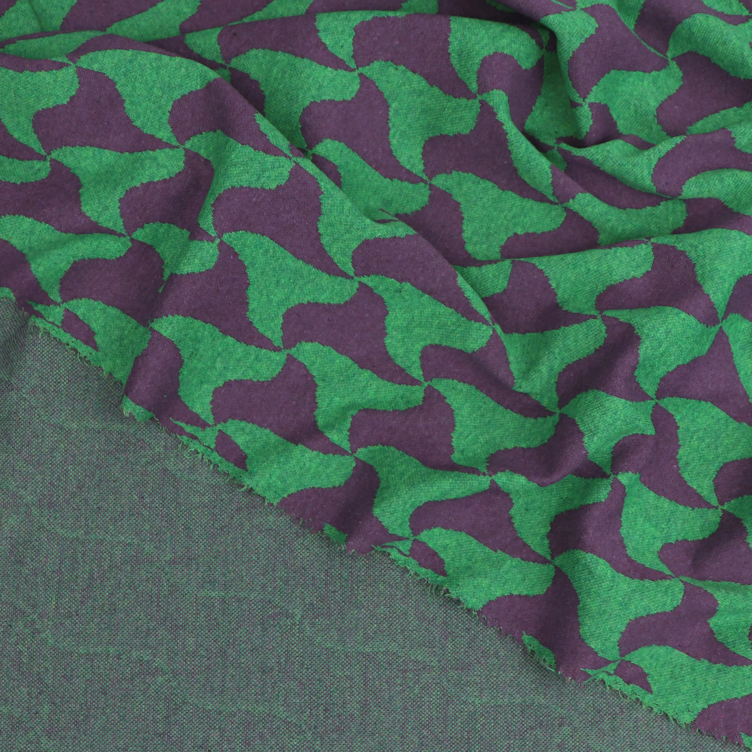 Recycled Cotton Blend Jacquard Knit - Abstract Waves - Green   Purple