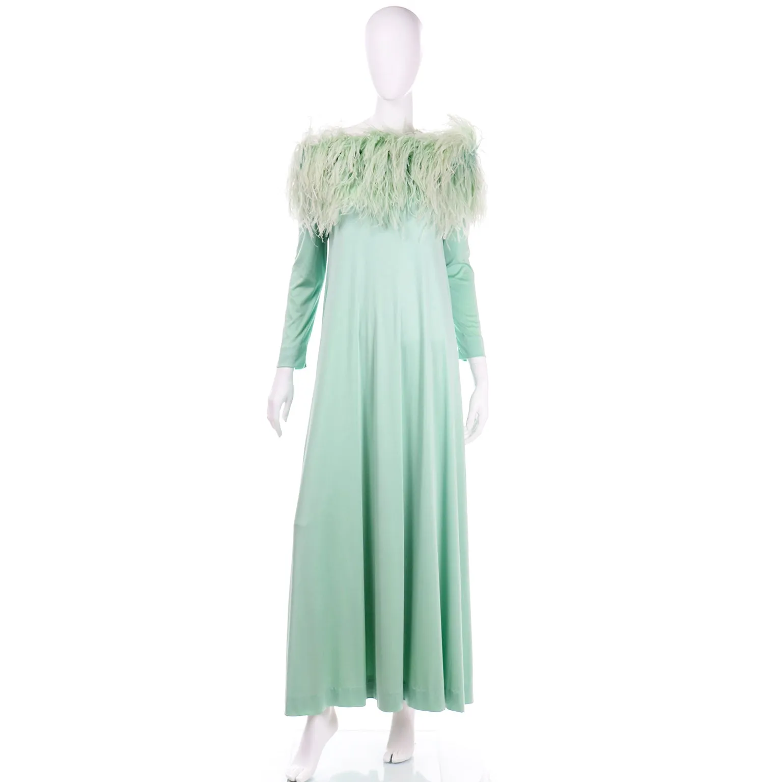 RESERVED // 1970s Mint Green Jersey Maxi Dress With Dyed Ostrich Feathers