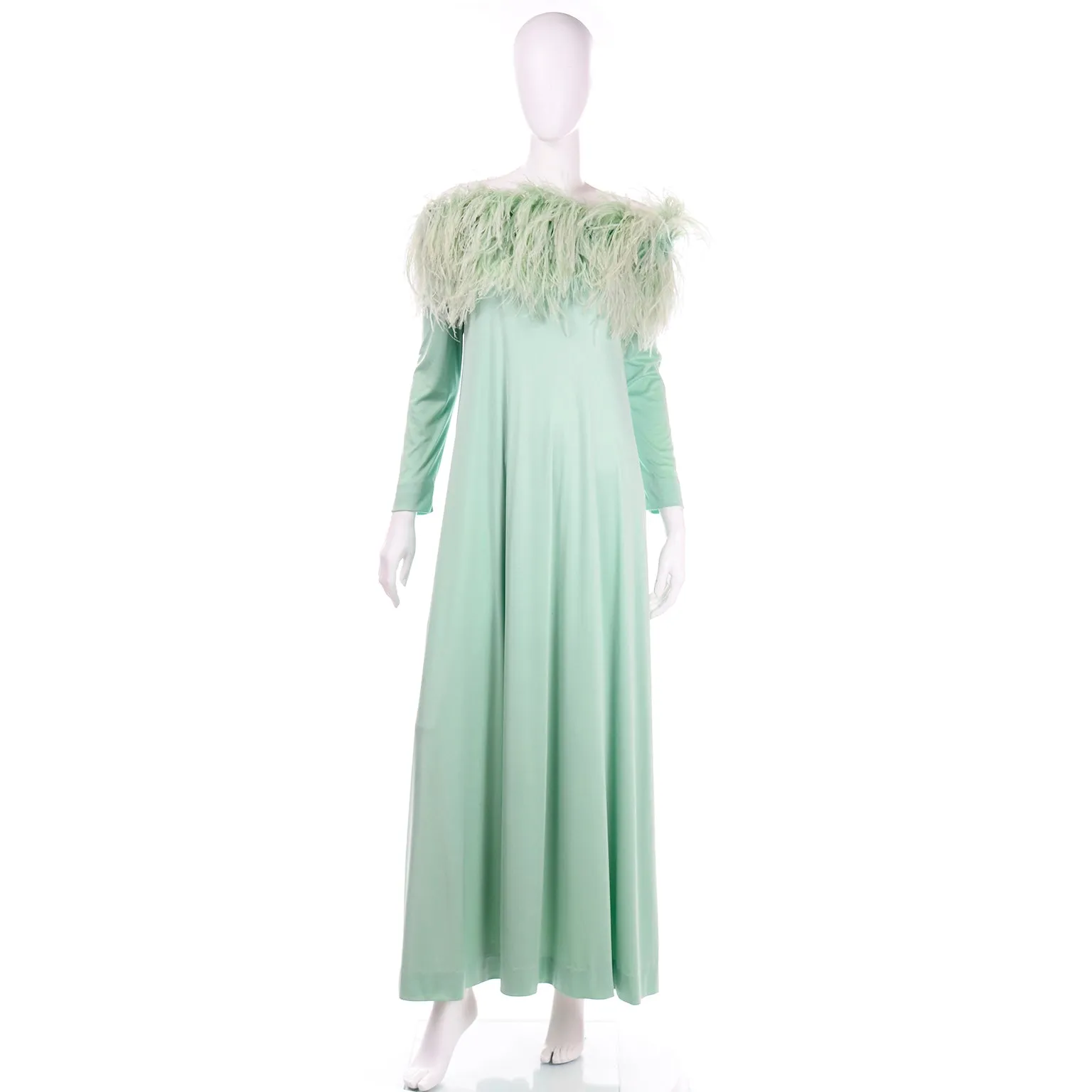 RESERVED // 1970s Mint Green Jersey Maxi Dress With Dyed Ostrich Feathers