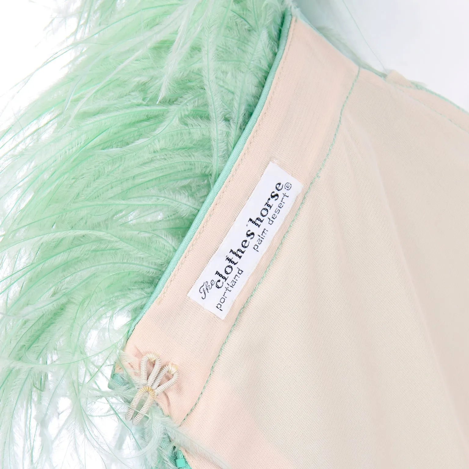 RESERVED // 1970s Mint Green Jersey Maxi Dress With Dyed Ostrich Feathers