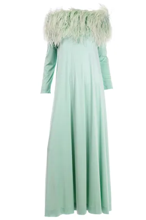 RESERVED // 1970s Mint Green Jersey Maxi Dress With Dyed Ostrich Feathers