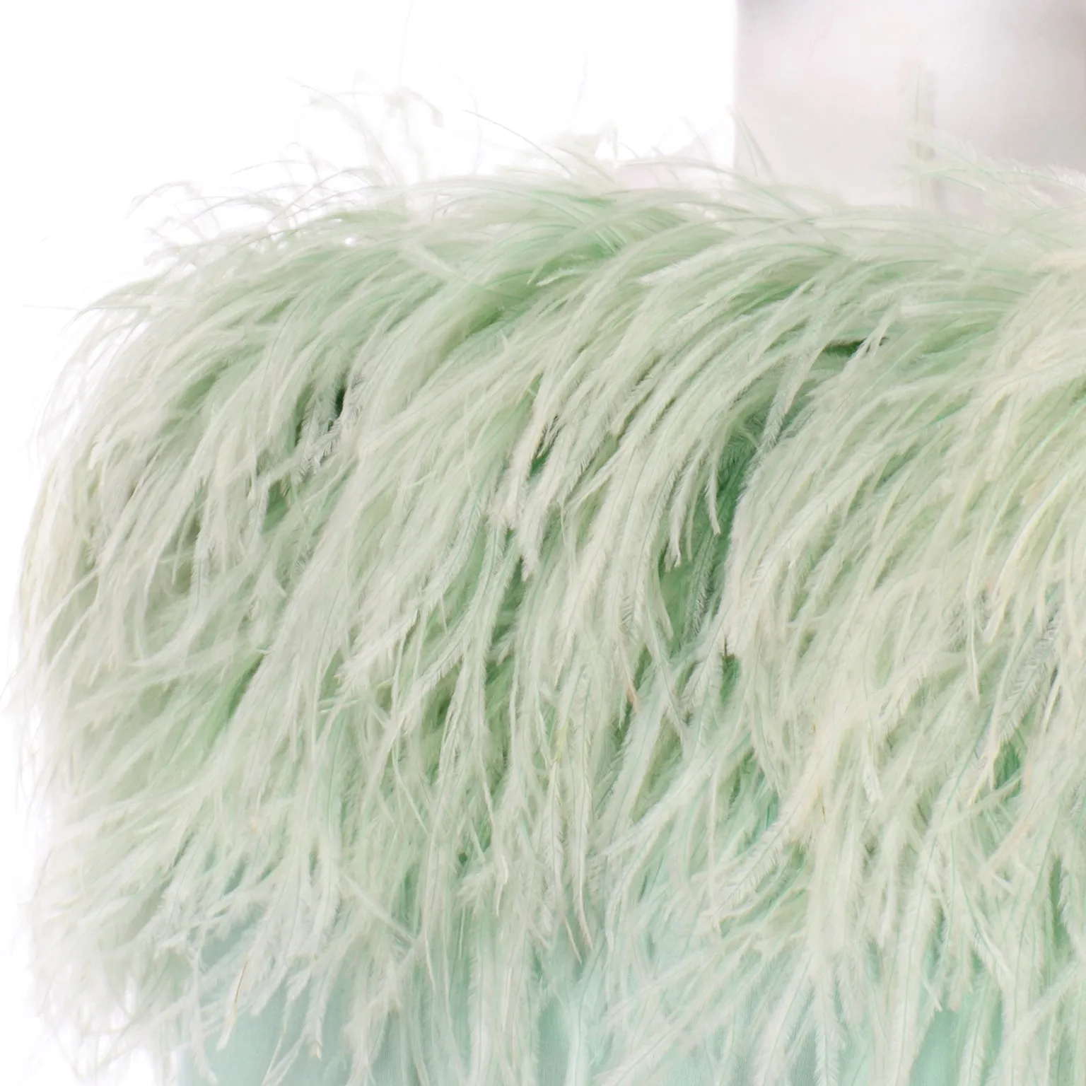 RESERVED // 1970s Mint Green Jersey Maxi Dress With Dyed Ostrich Feathers