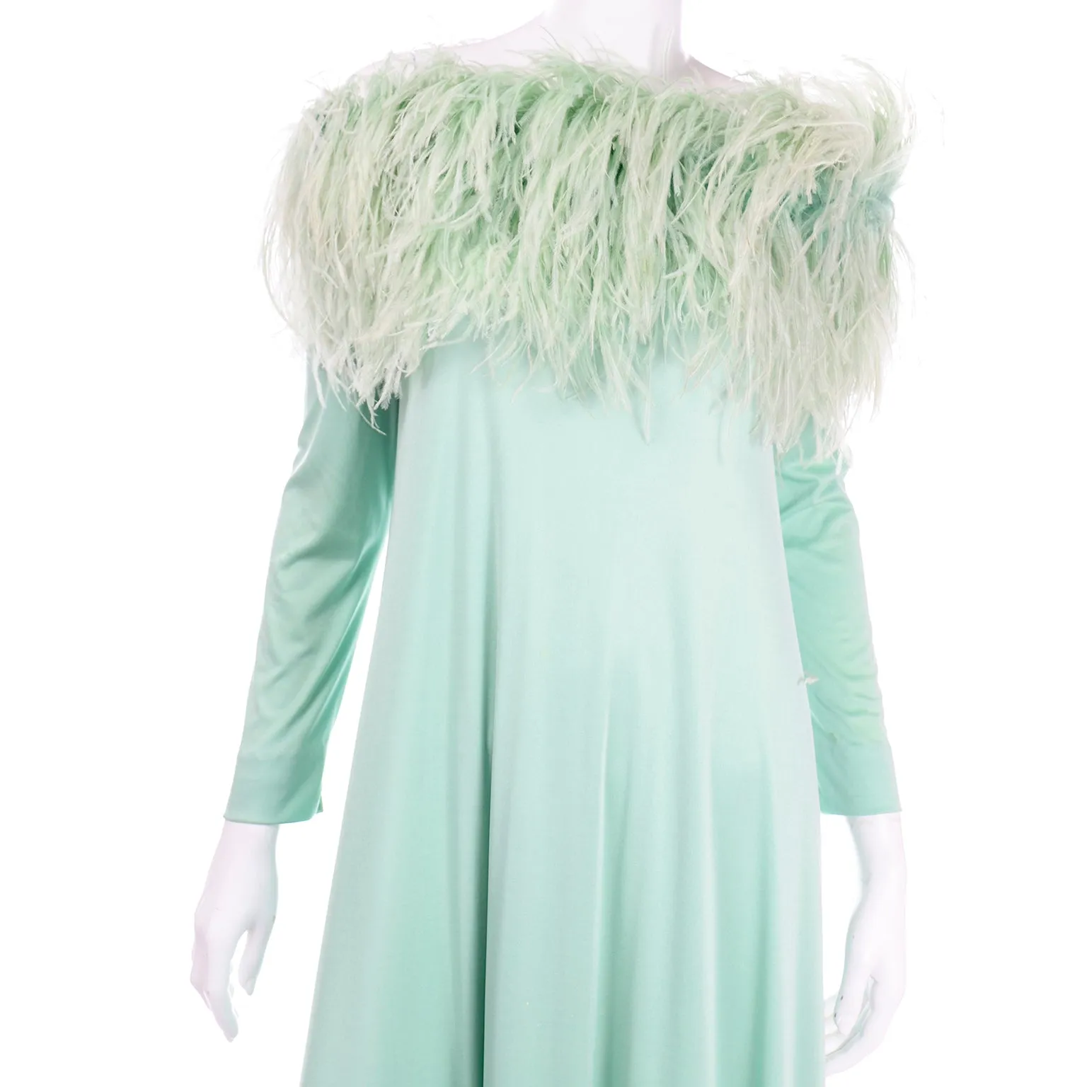 RESERVED // 1970s Mint Green Jersey Maxi Dress With Dyed Ostrich Feathers