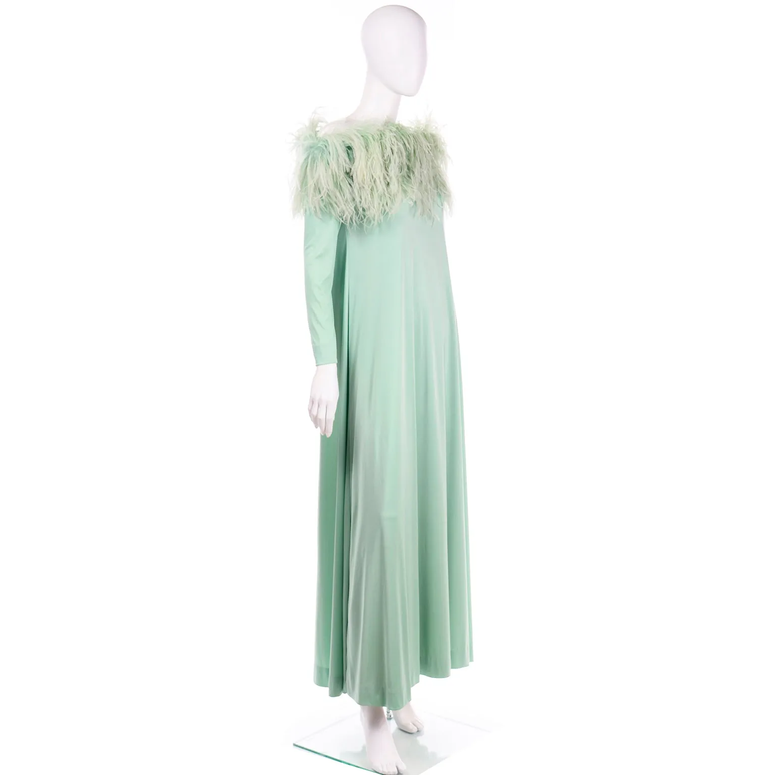 RESERVED // 1970s Mint Green Jersey Maxi Dress With Dyed Ostrich Feathers