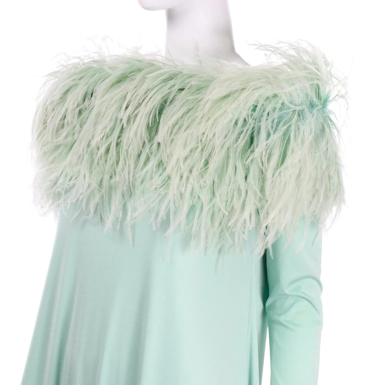 RESERVED // 1970s Mint Green Jersey Maxi Dress With Dyed Ostrich Feathers