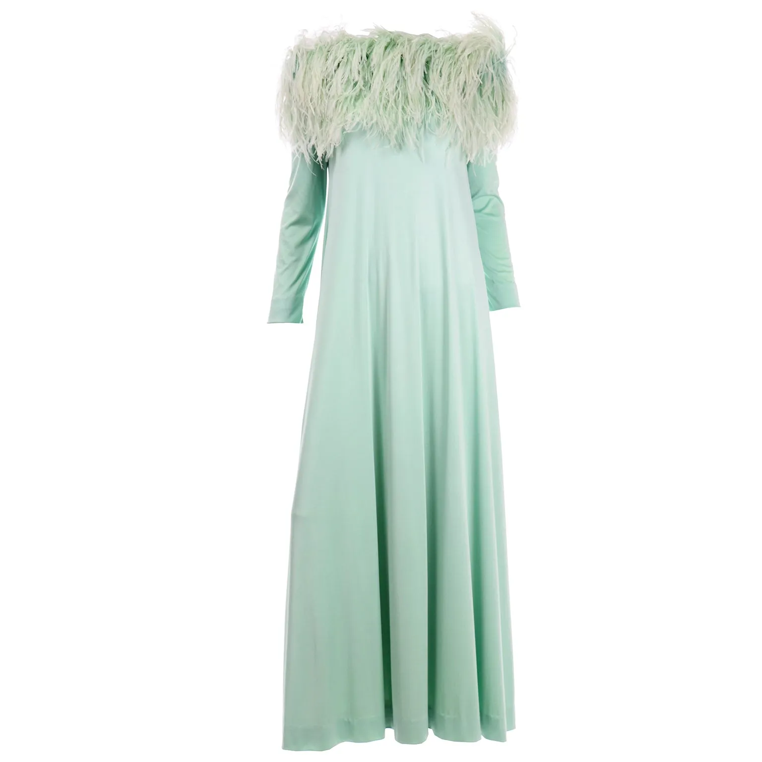 RESERVED // 1970s Mint Green Jersey Maxi Dress With Dyed Ostrich Feathers