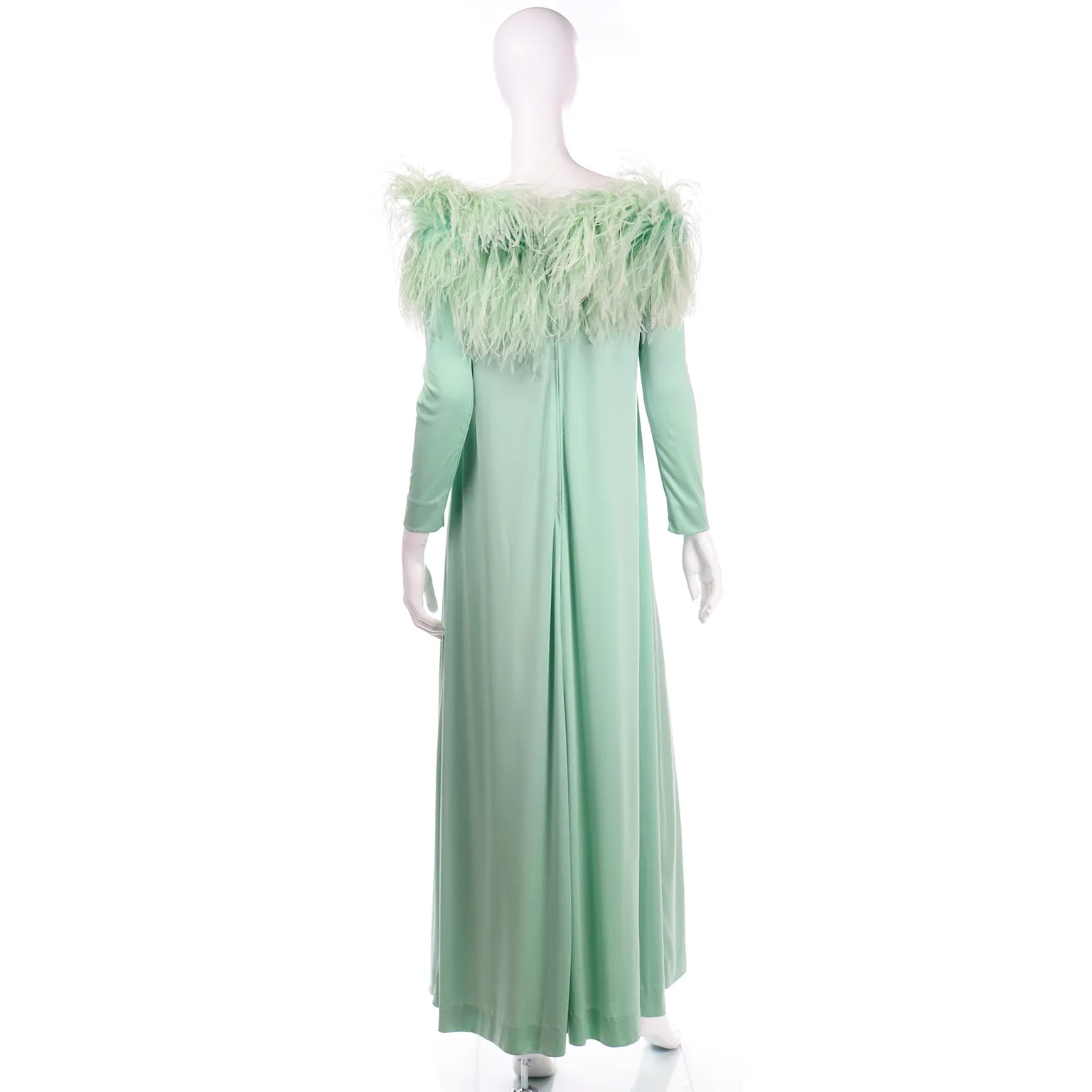 RESERVED // 1970s Mint Green Jersey Maxi Dress With Dyed Ostrich Feathers