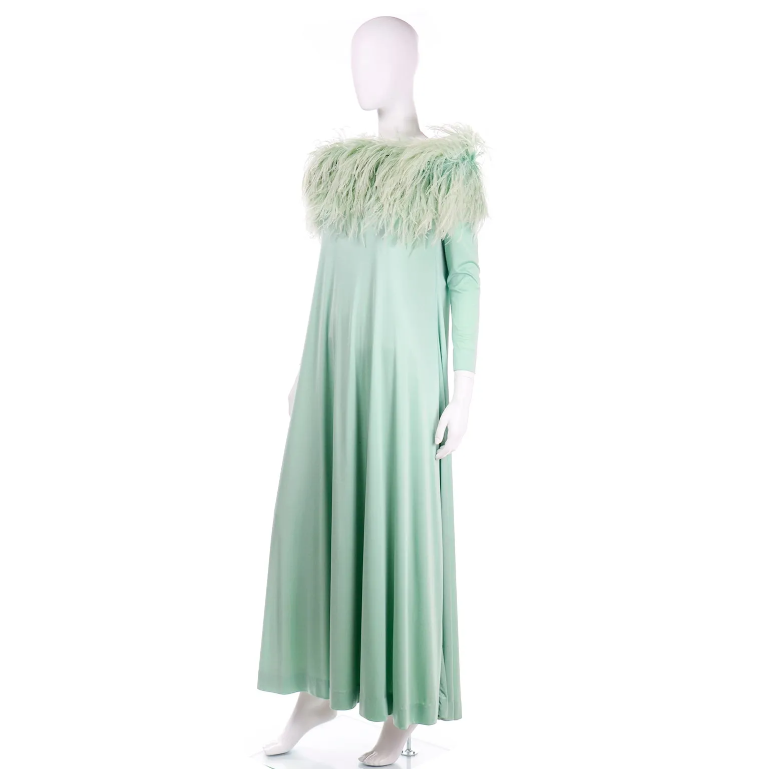 RESERVED // 1970s Mint Green Jersey Maxi Dress With Dyed Ostrich Feathers