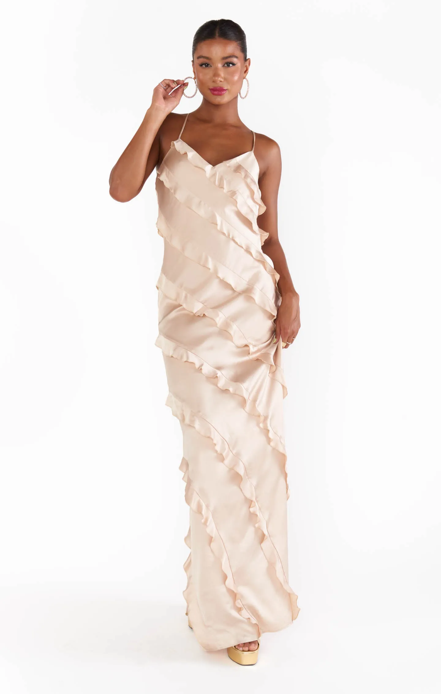 Romance Ruffle Dress ~ Champagne Luxe Satin