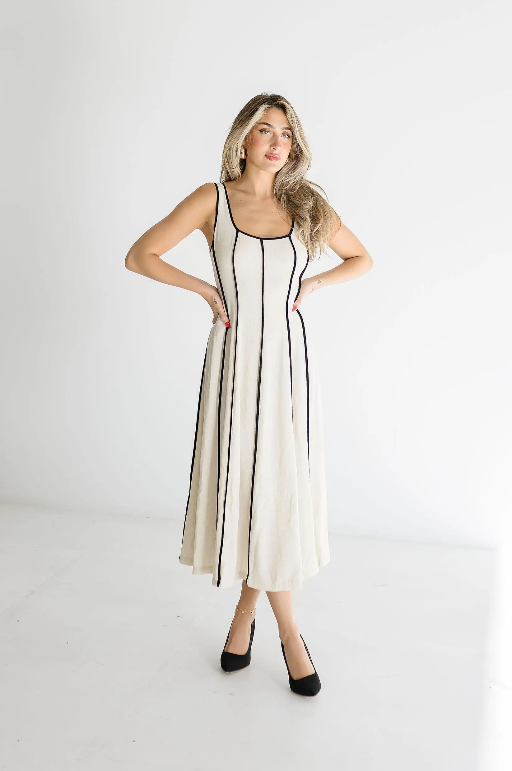 Samantha Sleeveless Contrast Linen Midi Dress Natural