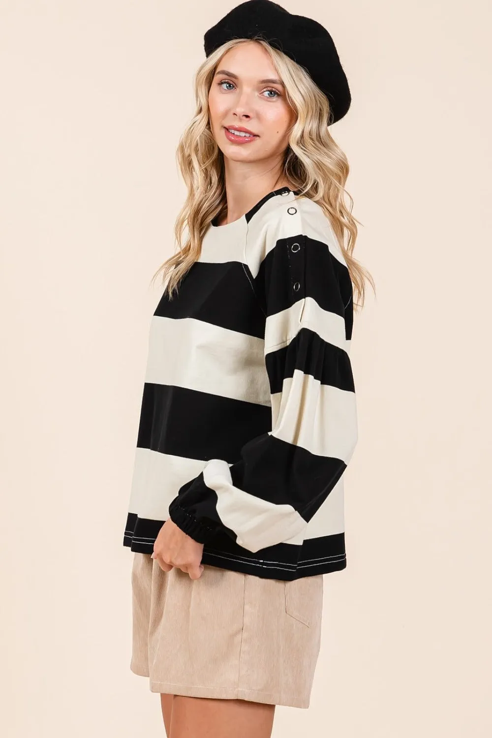 Striped Snap Shoulder Long Sleeve T-Shirt