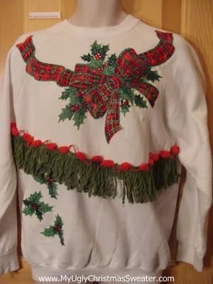 Tacky Cheap Christmas Sweatshirt with Plaid Bow and Fringe