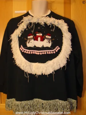 Tacky Christmas Sweatshirt Snowmen 3D Fringe Pom Pom Trim