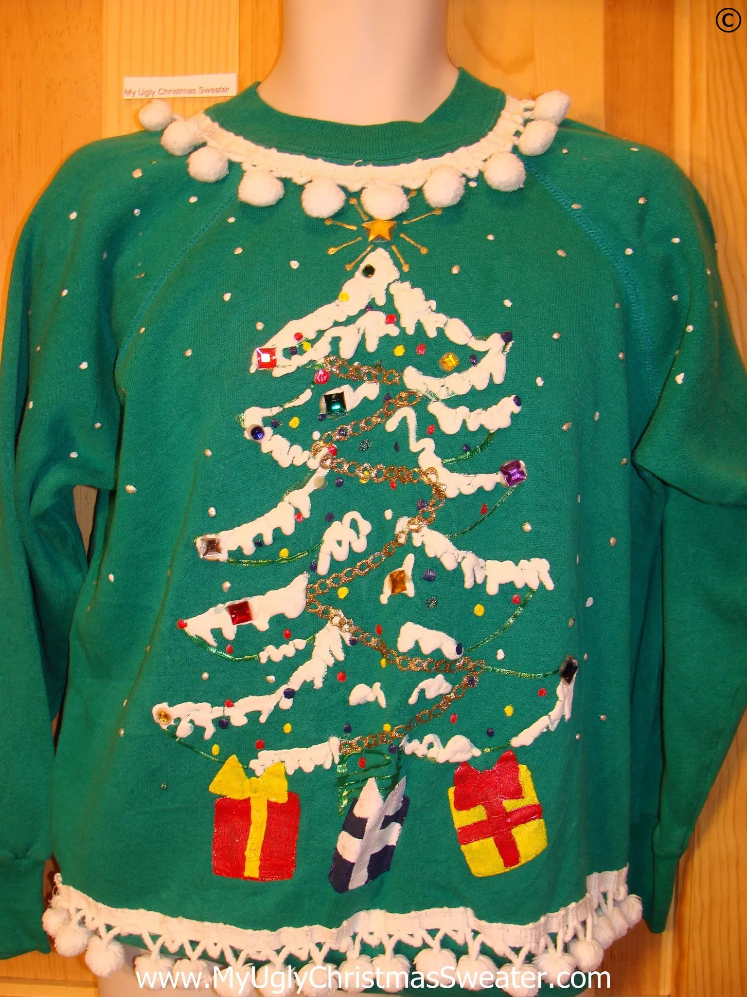 Tacky Christmas Sweatshirt Tree and Pom Pom Fringe