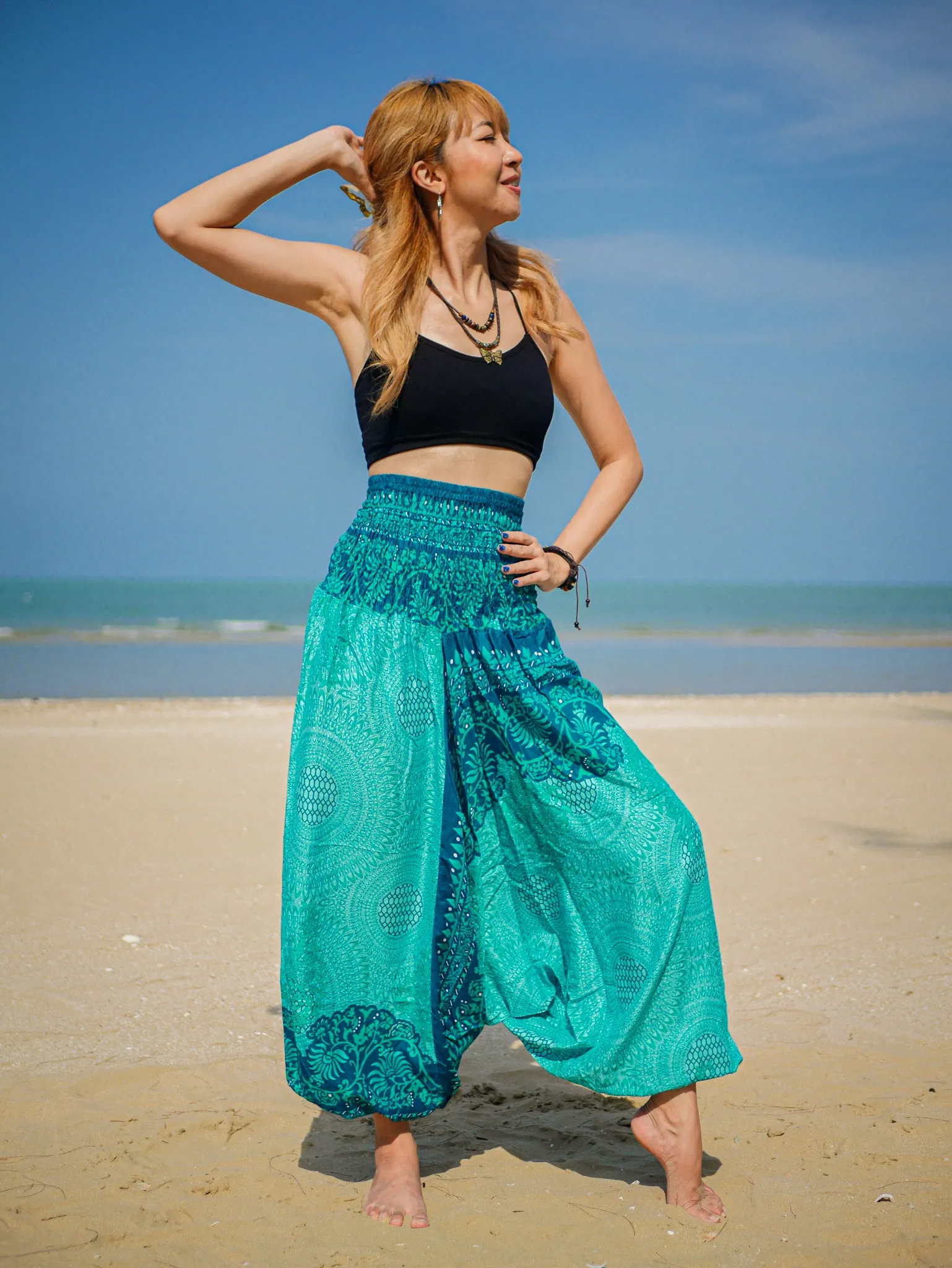 Teal Green Mandala Low Cut Harem Pants