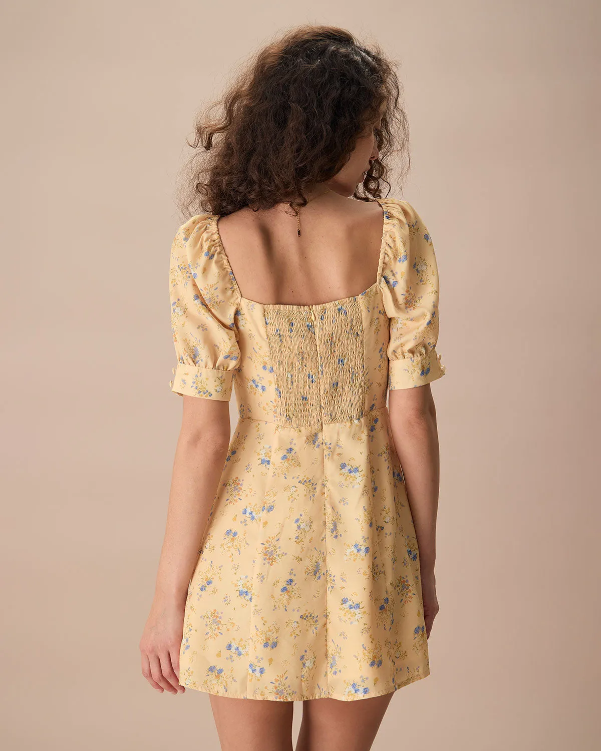 The Yellow Sweetheart Neck Floral Mini Dress