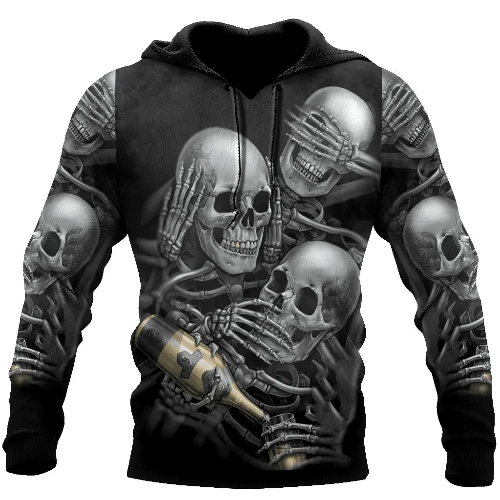 Three Wise Skulls Smoke And Drink Hoodie For Men And Women, Funny Skull Hoodies