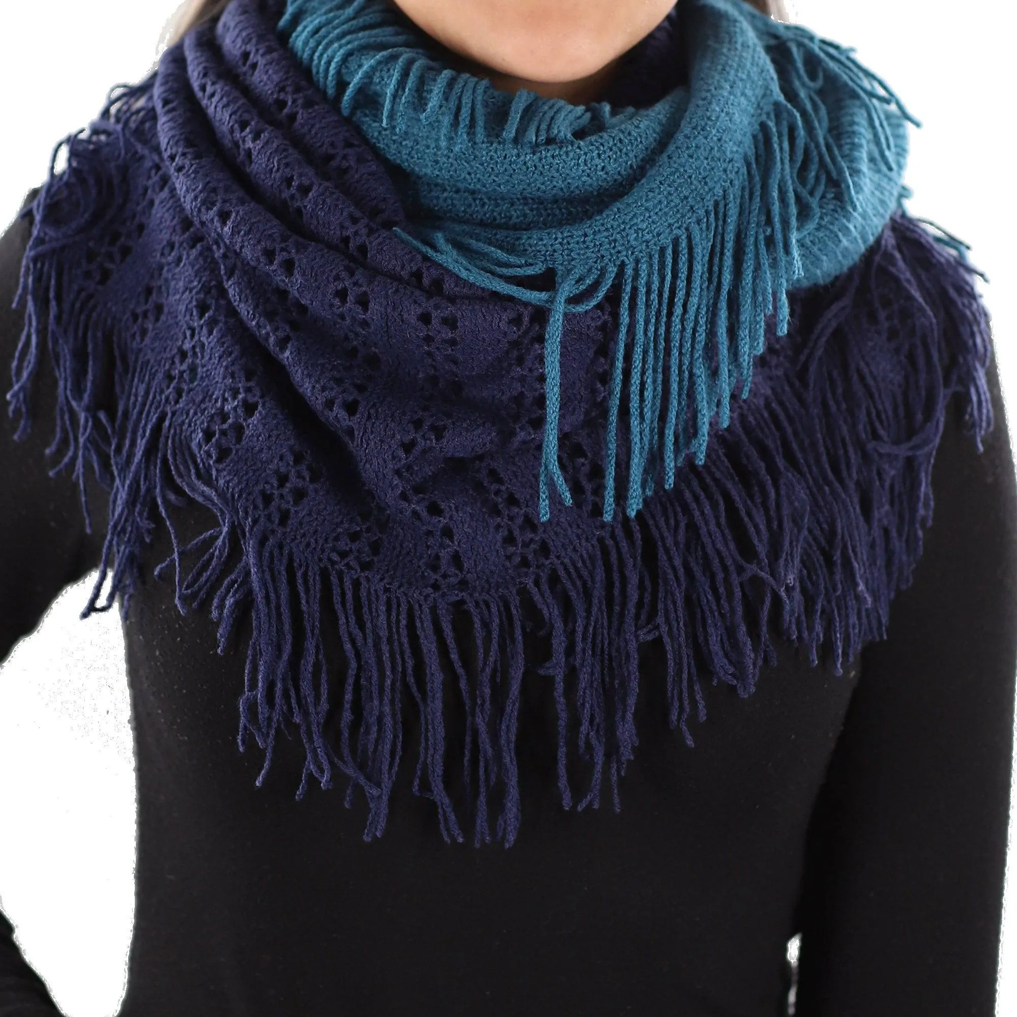 Two Toned Knit/Crochet Scarf w/ Tassels - Deep Ocean/Midnight Blue