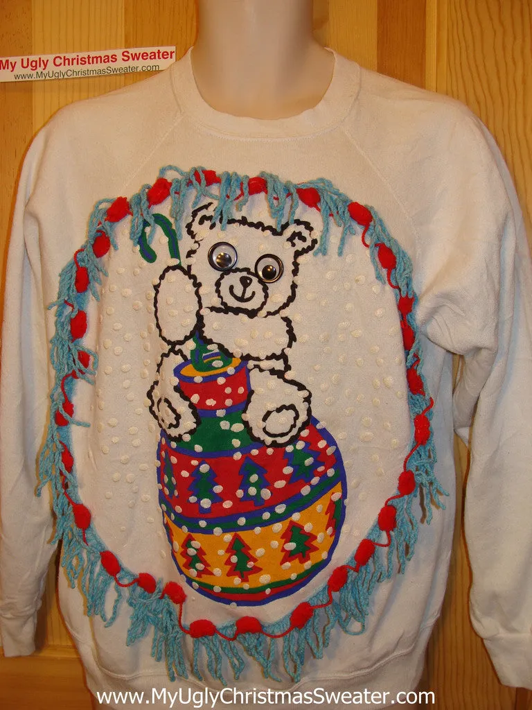 Ugly Christmas Tacky Sweatshirt 80s Retro Google Eyed Bear with Fringe (q32)