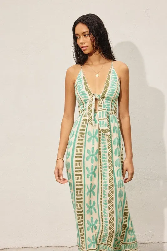 Waitlist 2/5 ♥ Kili Sleeveless Back Tie Abstract Print Maxi Dress Green