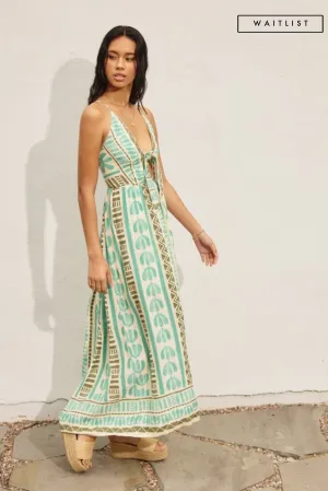 Waitlist 2/5 ♥ Kili Sleeveless Back Tie Abstract Print Maxi Dress Green