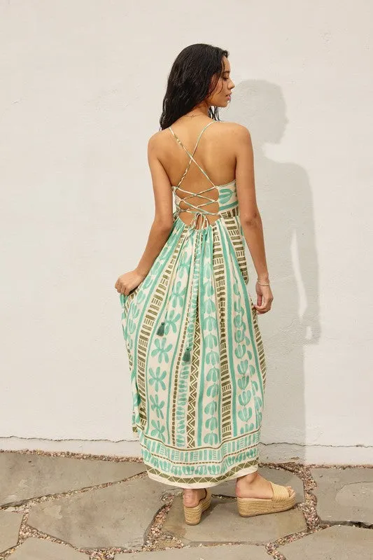 Waitlist 2/5 ♥ Kili Sleeveless Back Tie Abstract Print Maxi Dress Green