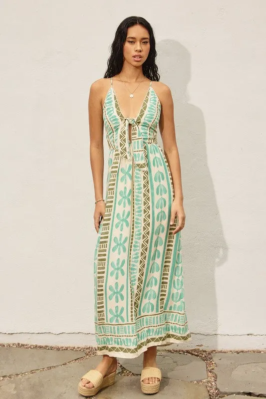 Waitlist 2/5 ♥ Kili Sleeveless Back Tie Abstract Print Maxi Dress Green