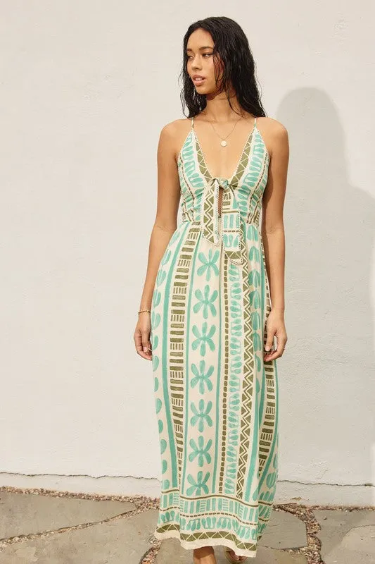 Waitlist 2/5 ♥ Kili Sleeveless Back Tie Abstract Print Maxi Dress Green