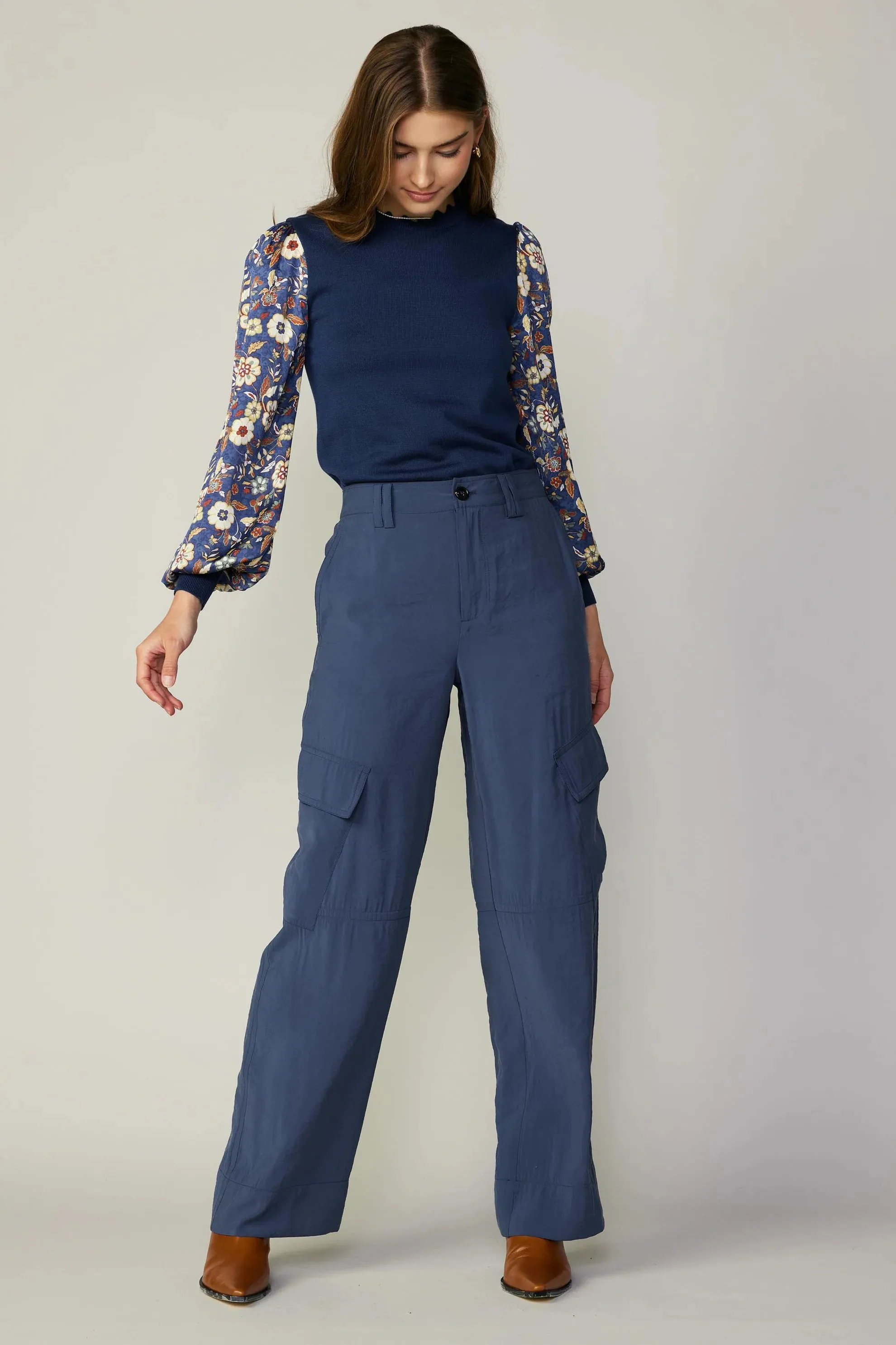 Wide Leg Cargo Navy Pants