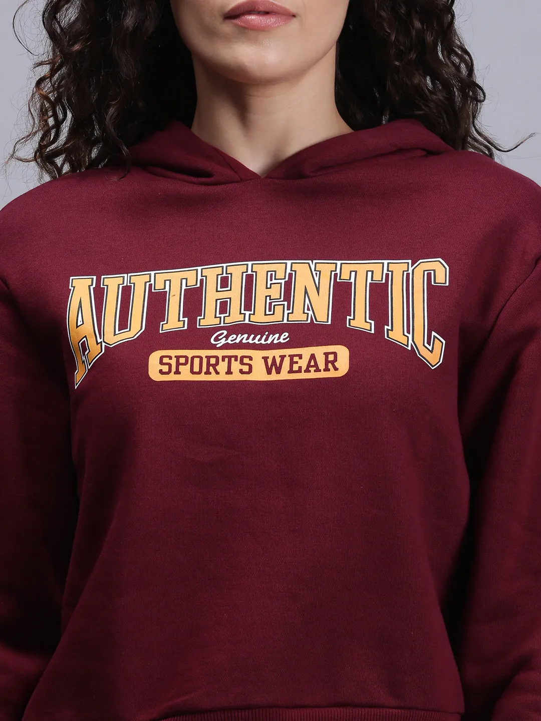 Women Maroon Printed Pullover Hoodie Sweatshirt