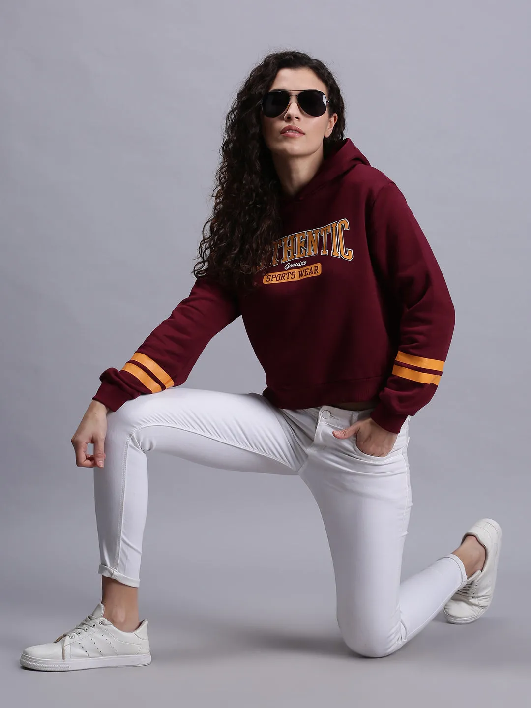 Women Maroon Printed Pullover Hoodie Sweatshirt